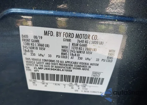 2019 Lincoln Nautilus Select из США, поврежденный, VIN 2LMPJ8K96KBL61059